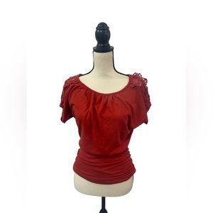 IZ Byer Women’s Orange Top - Cinched Waist & Lace on Shoulders - Size XS